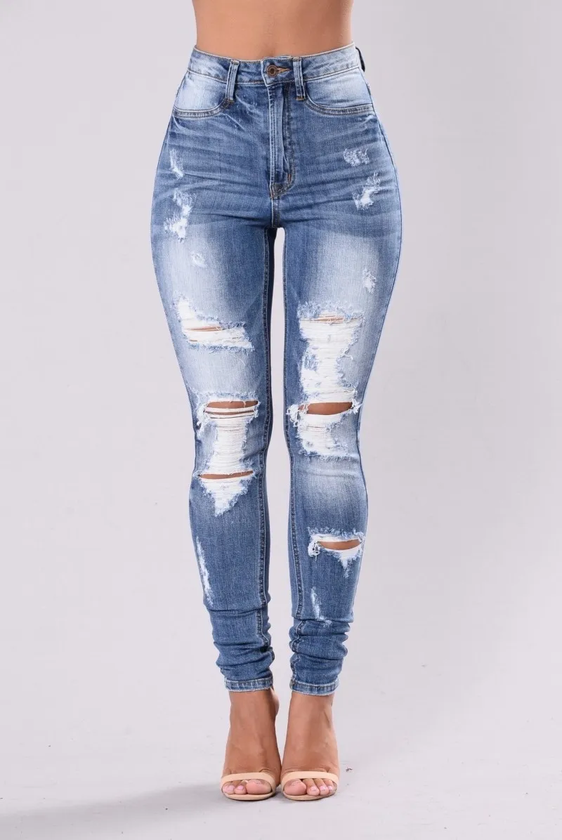 Moda verão Buraco Stretch Jeans Rasgado cintura alta Denim Feminino Calças Lápis Calças Para As Mulheres Skinny Jeans S-3XL