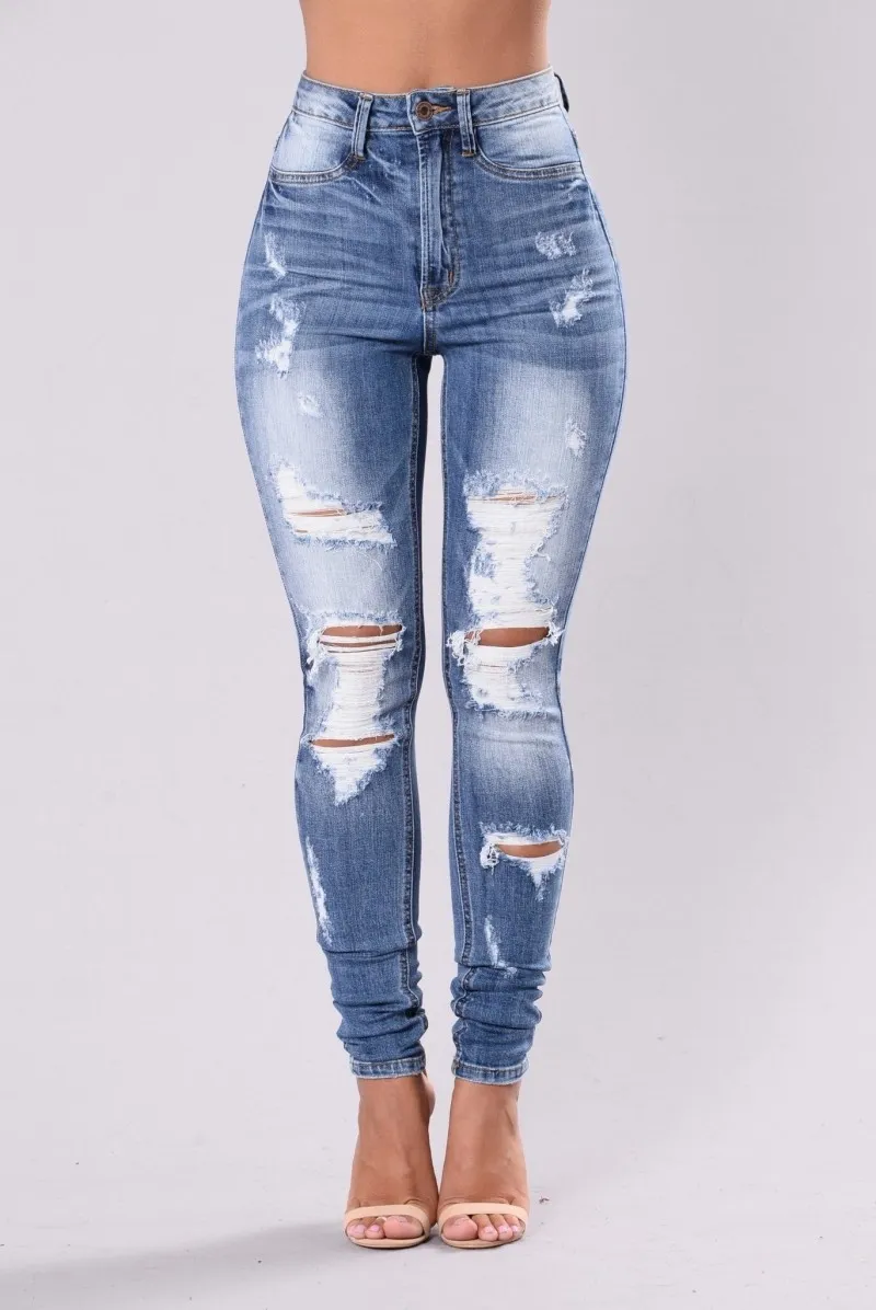 Moda verão estiramento buraco rasgado cintura alta feminino denim lápis calças para mulheres jeans magros S-3XL