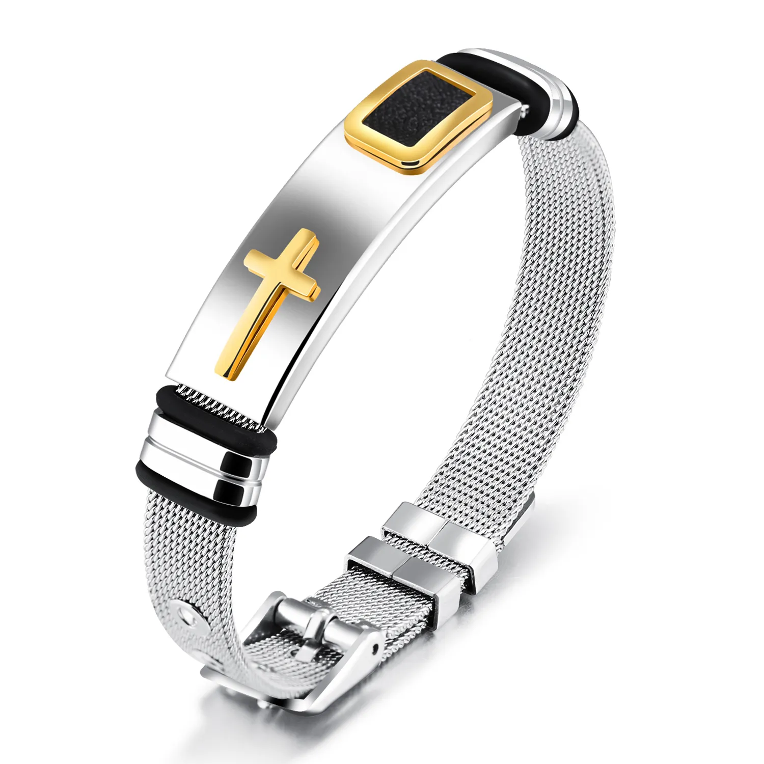 Mesh Belt Buckle Bracelet Adjustable Cross Charm Cuff Bangles in Stainless Steel