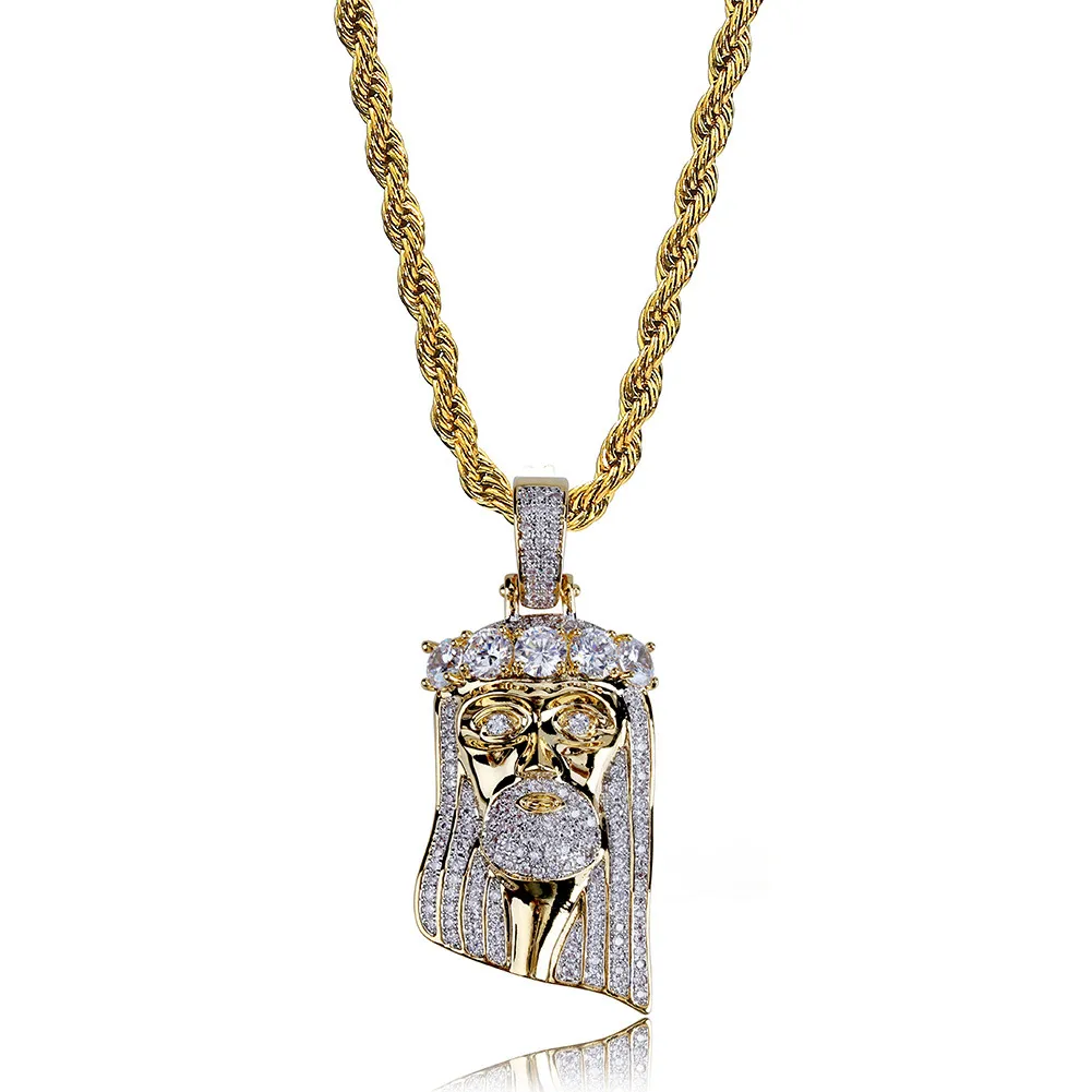 Nuovo rame placcato color oro ghiacciato Collana con ciondolo faccia di Gesù Micro pavimenta gioielli in pietra CZ Hip Hop Bling