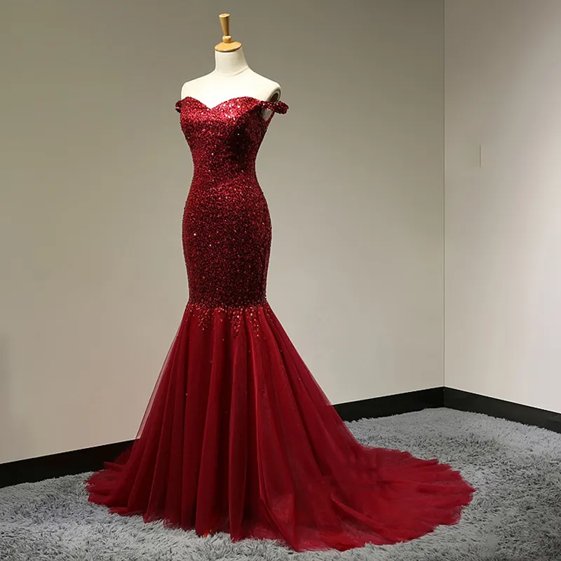 2018 Burgundy Fashion Prom Dress Sequin Mermaid Long Formal Gowns Robe de Soiree Longue Customized Maxi Gown Sheath Dress