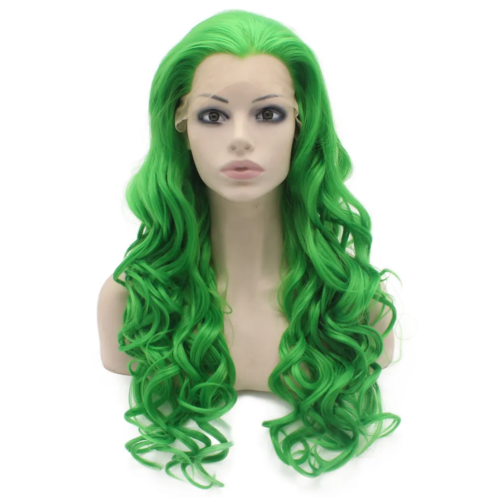 26" Long #T6138 Green Heavy Density Heat Friendly Fiber Front Lace Synthetic Hair Party Wig