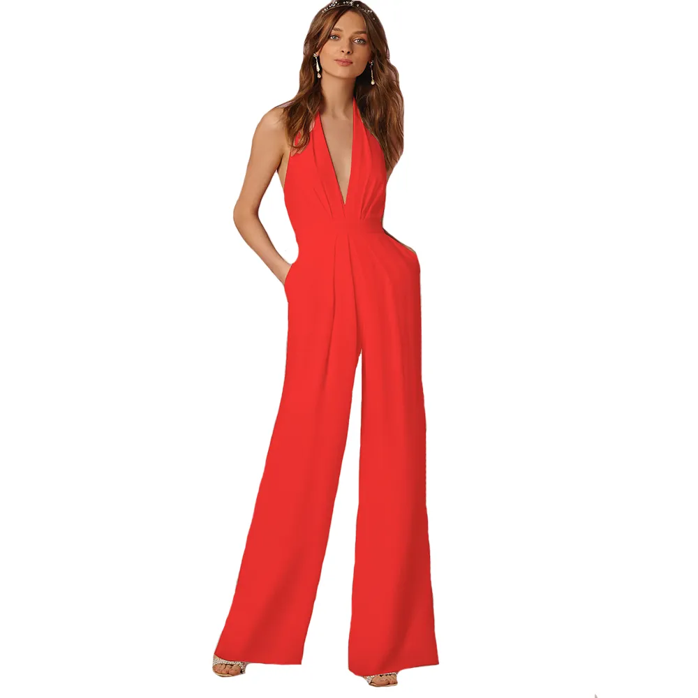 Elegant Office Jumpsuits Deep V-Neck Backless Evening Party Rompers Overaller för Kvinnor Långt brett Benbyxor Röda Bodysuits Fickor