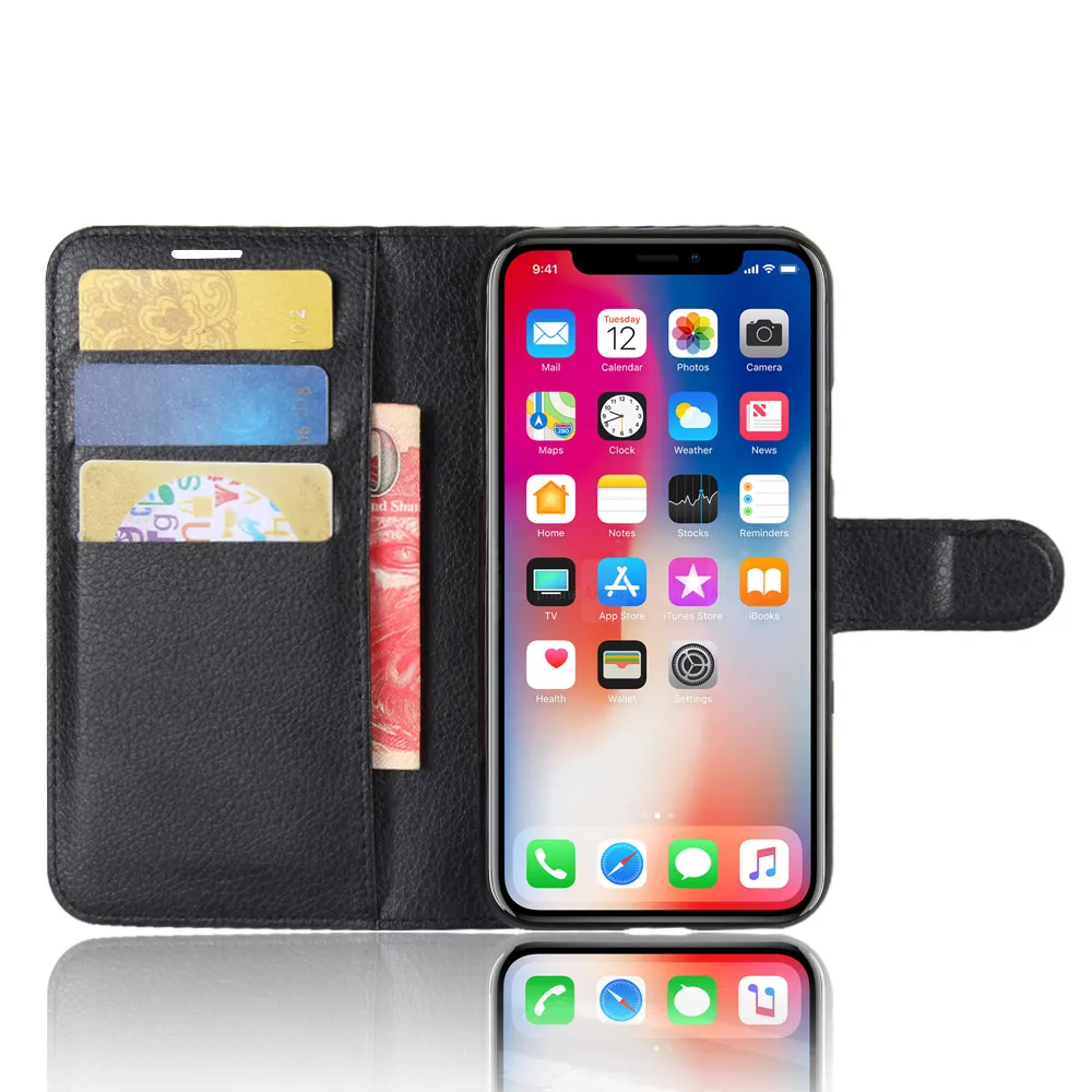 Para o iphone x litchi couro flip case + tpu tampa traseira do iPhone 10 Carteira Casos Com Suporte Titular Kickstand Card Slots Bolso