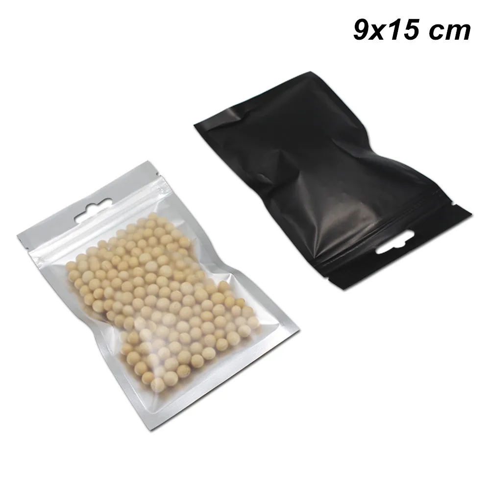 9x15cm 100pcs Lot Black Clear Aluminum Foil Resealable Food Grade Storage Bags with Hang Hole for Coffee Tea Powder Matte Foil Mylar Pouches