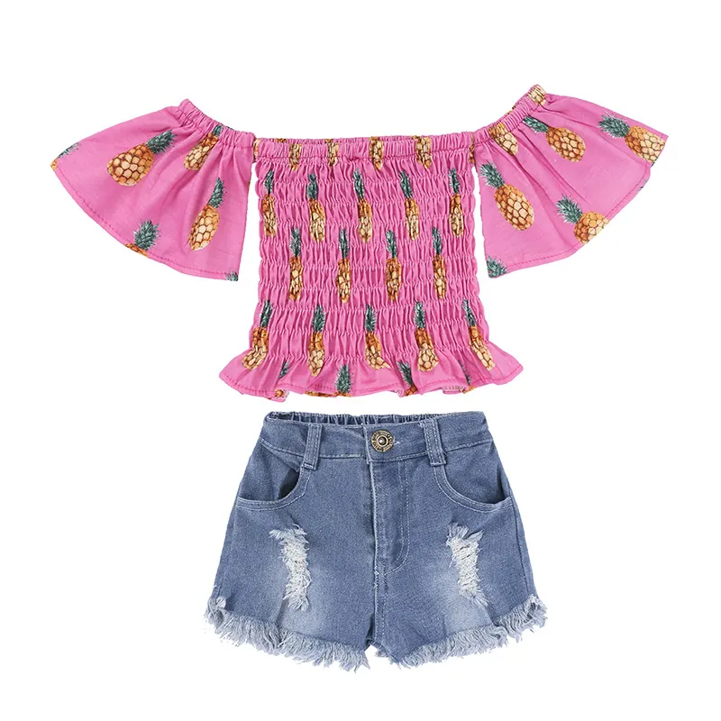 2018 Nouveau Bébé Filles Mode Ensemble Ananas Imprimé Tops Chemise + Denim Shorts Tenues Enfants Vêtements Mignon D'été Bébé Filles Vêtements Ensemble