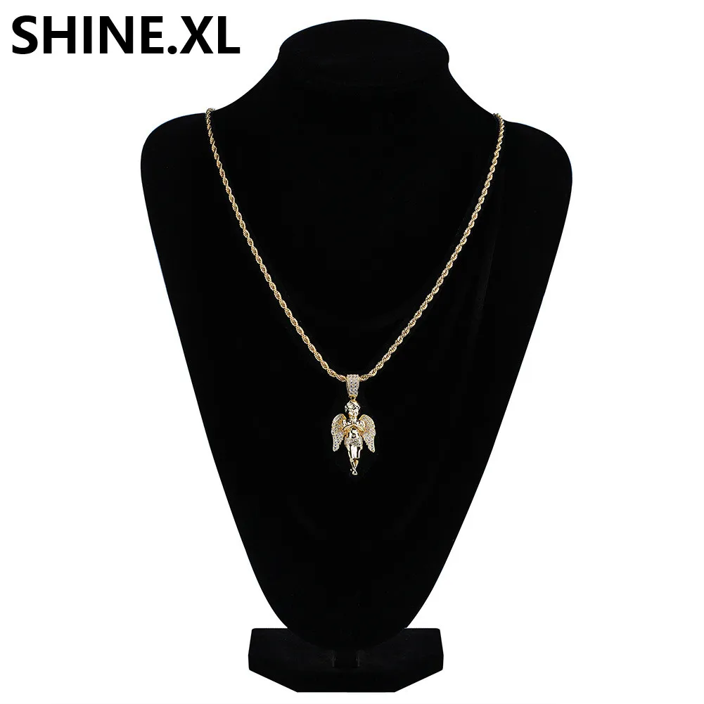 Hip Hop Micro Paved Zircon Angel Jesus Wing Copper Two Tone Iced Out Full Cz Pendant Necklaces Gift