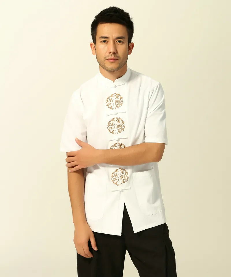 Shanghai Story Stickerei Herren-Ethno-Kleidung im chinesischen Stil, kurzärmelig, Tang-Anzug, Stehkragen, Jacke, Kung-Fu-Top für Herren