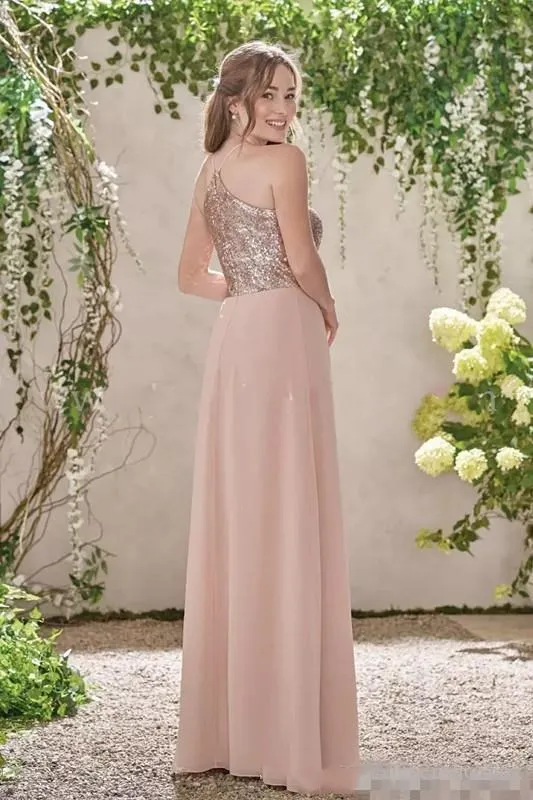 2018 Gorąca Sprzedaż Rose Gold Druhna Dresses linia Spaghetti Backless Cekiny Szyfonowa Tanie Long Beach Wedding Sukienka Sukienka Honor Suknie