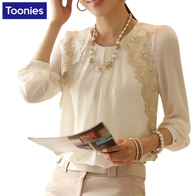 Mujer женские топы рубашка с длинными рукавами шифоновая блузка женские кружевные лоскутные повседневные женские рубашки