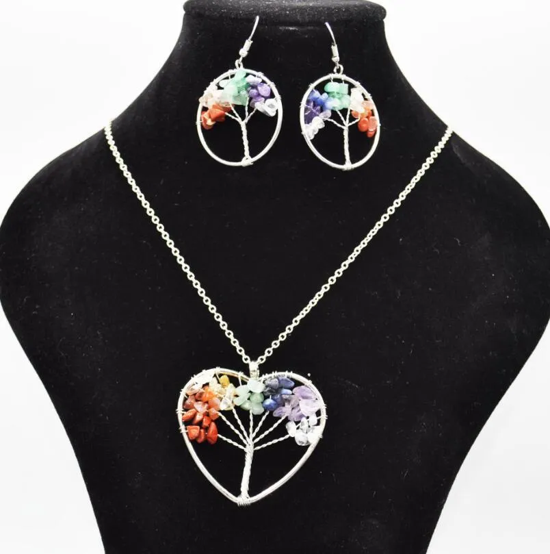 Women Rainbow 7 Chakra Amethyst Tree Of Life Quartz Chips Earrings & Necklace Jewelry Sets Multicolor Wisdom Tree Natural Stone Necklace