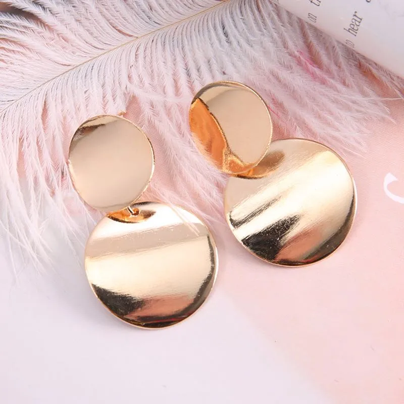 Simple Design Retro Metal Disc Stud Alloy Geometric Circles Earrings Gold And Silver Trendy Long Earring