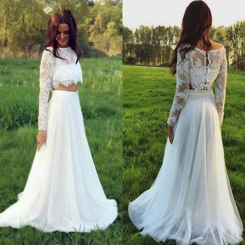 2019 Country Style Bohème Robes De Mariée Sheer Cou Manches Longues En Dentelle Appliques Sheer Crop Top Tulle Jupe Plage Boho Robes De Mariée