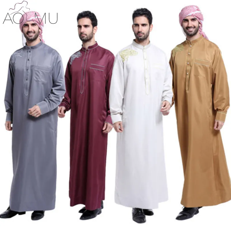 Wholesale- AOMU Men Saudi Thobe Islamic Muslim Clothing Arab Male People Dress Thobe Arabic Abayas Dress  Mens Kaftan Robe