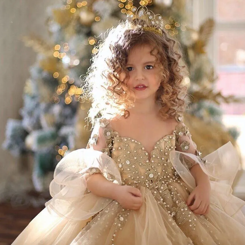 2023 Champagne Gold Girls Pageant Jurken Ball Jurk lange mouwen Parelsjes Lace Applique Princess TuLle gezwollen ruches Tiered Kids Flower Girls Birthday Ghowns