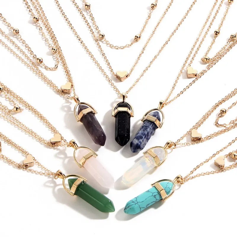 Fashion Multi-layer Chain Necklaces Mens Womens Created Gemstone Natural Stone Hexagonal Pendant Necklace Women Kimter-D782S Z