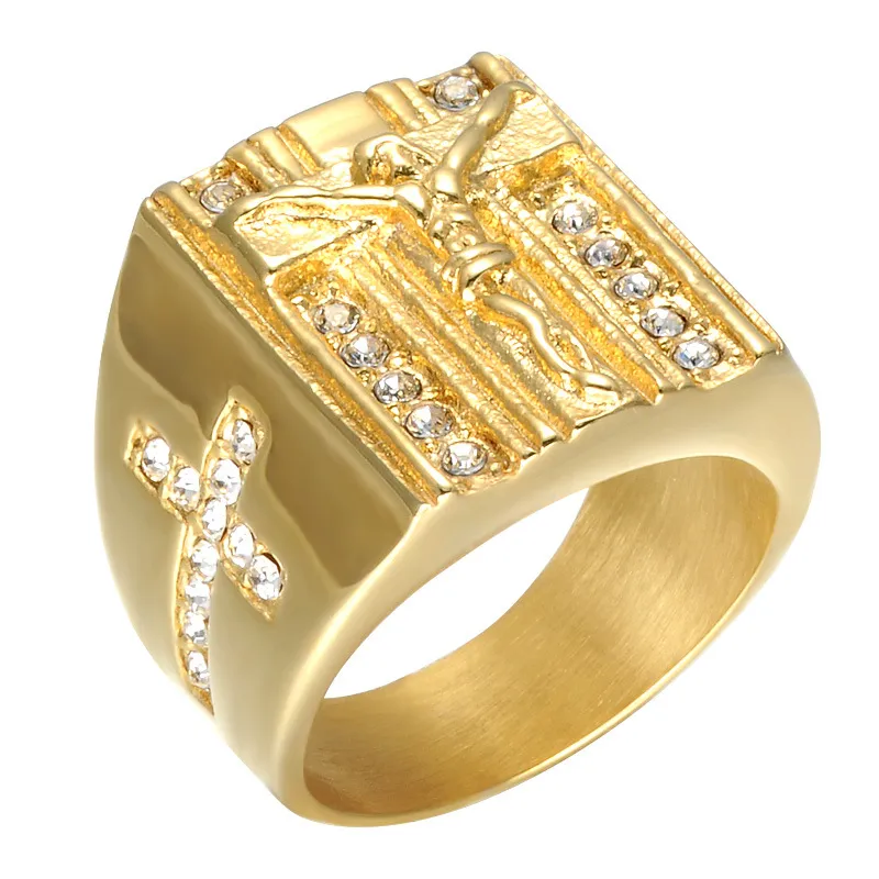 Elegante para de acero inoxidable de 18 chapado en oro anillo cruzado cristiano anillo