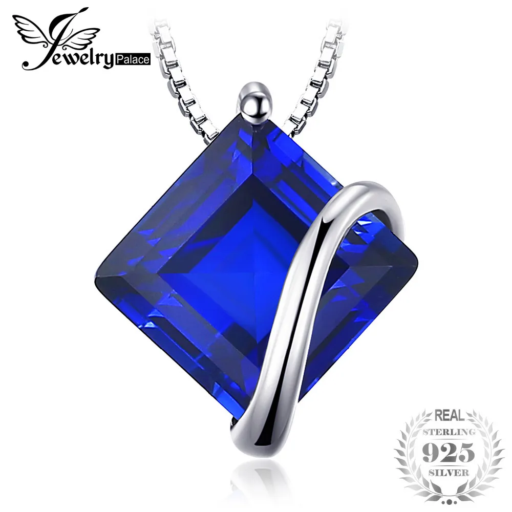 JewelryPalace Classic 3.3ct Square Created Sapphire Pendant 925 Sterling Silver Charms Engagement Wedding Jewelry Without Chain S18101308
