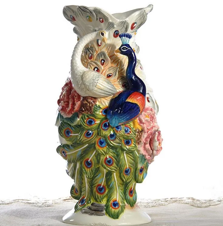 ceramic creative Peacock rose flowers vase pot home decor crafts room wedding decorations handicraft porcelain figurines