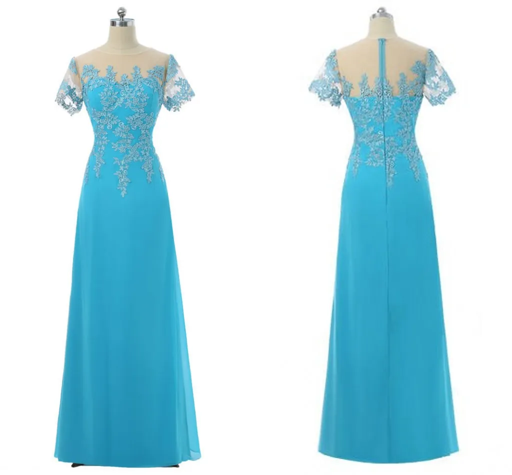 Blauwe kant moeder van de bruid bruidegom jurken plus size echte foto chiffon juweel nek holle terug goedkope lange avond formele jurken 2018