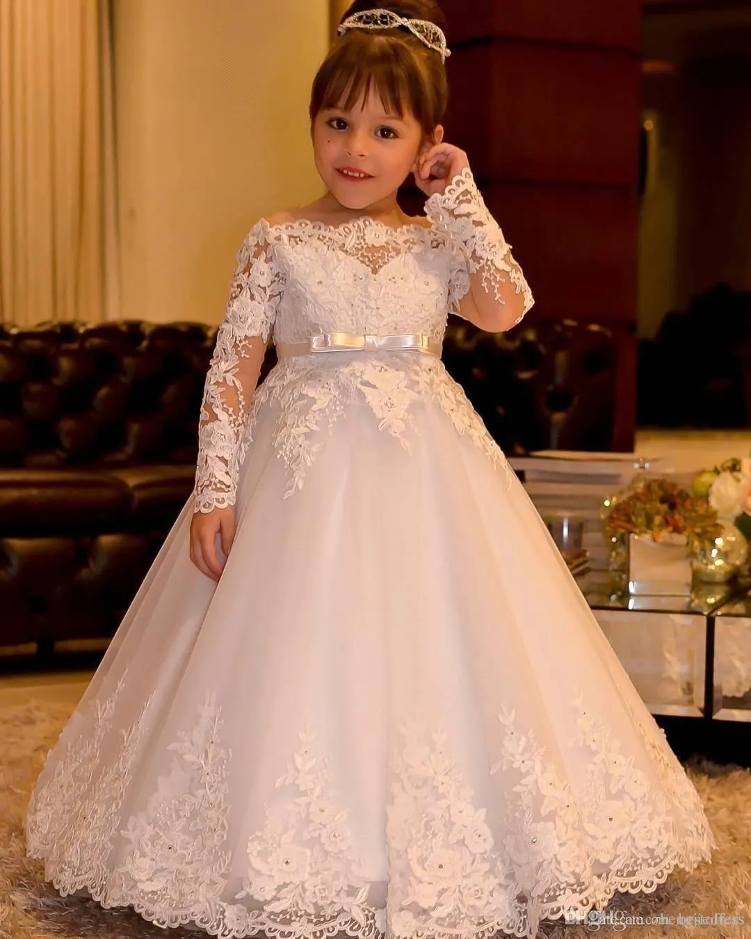 Vestidos Primera Comunion Ballkleid Blumenmädchen Kleid Spitze Kleinkind Glitz Pageant Kleider Hübsches Kinder Abendkleid260N