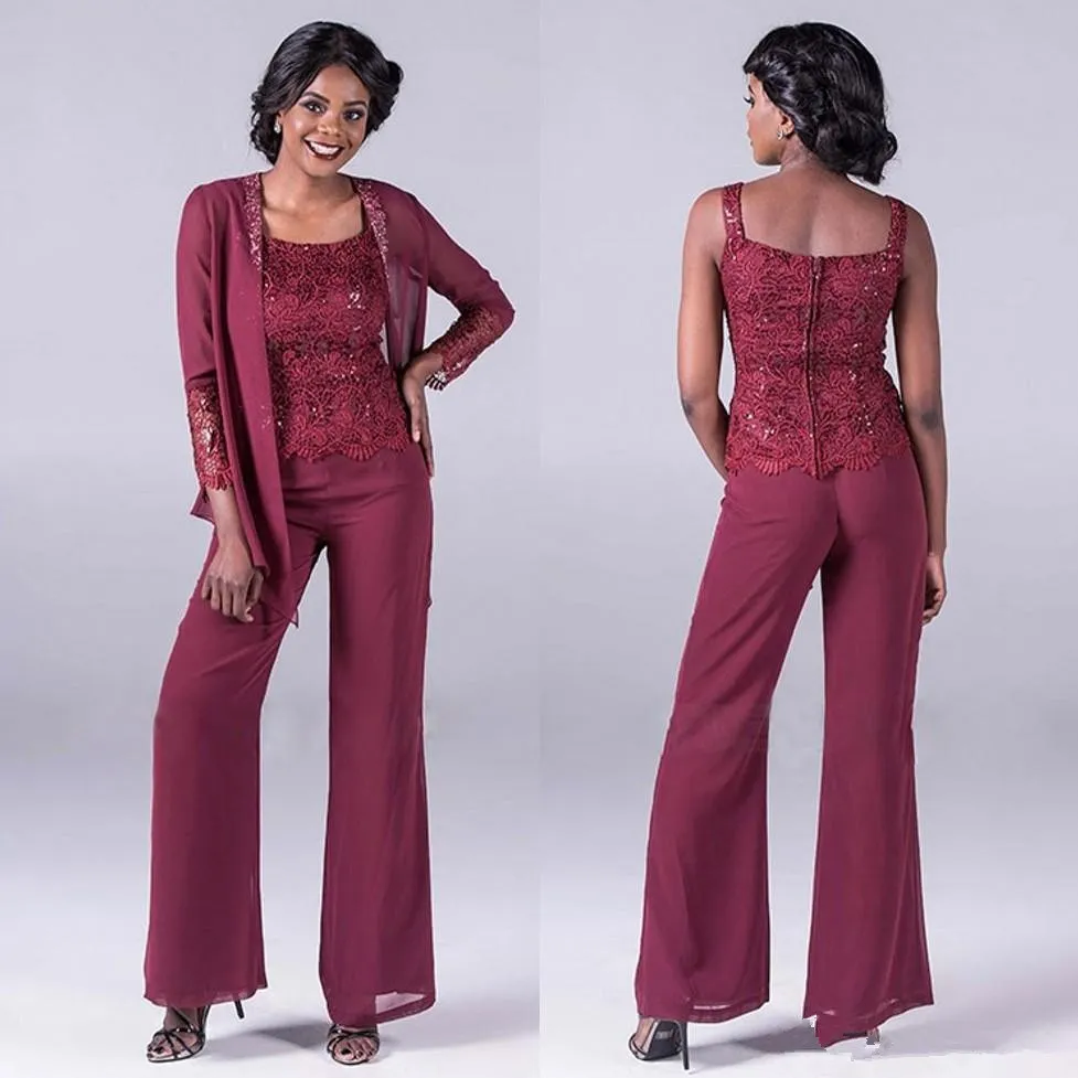 Burgundy Lace Mother Of The Bride Pant Suits With Jackets Cheap ...