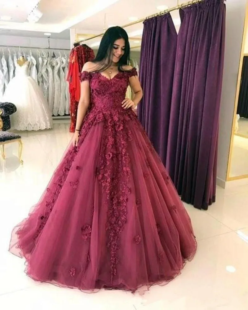 2020 Nieuwe Bourgondië Prom Dresses Off Schouder Vloer Lengte Avondjurken met Kant 3D Applique Tule Formele Partijjurken Vestidos de Novia