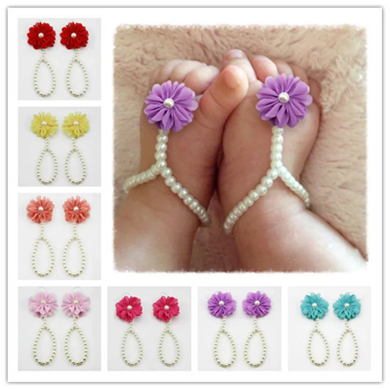 Flower Sandals Simulated Pearl Anklets Newborn Baby Girls Foot Band Toe Rings First Walker Barefoot Sandals Anklets Kids TO420