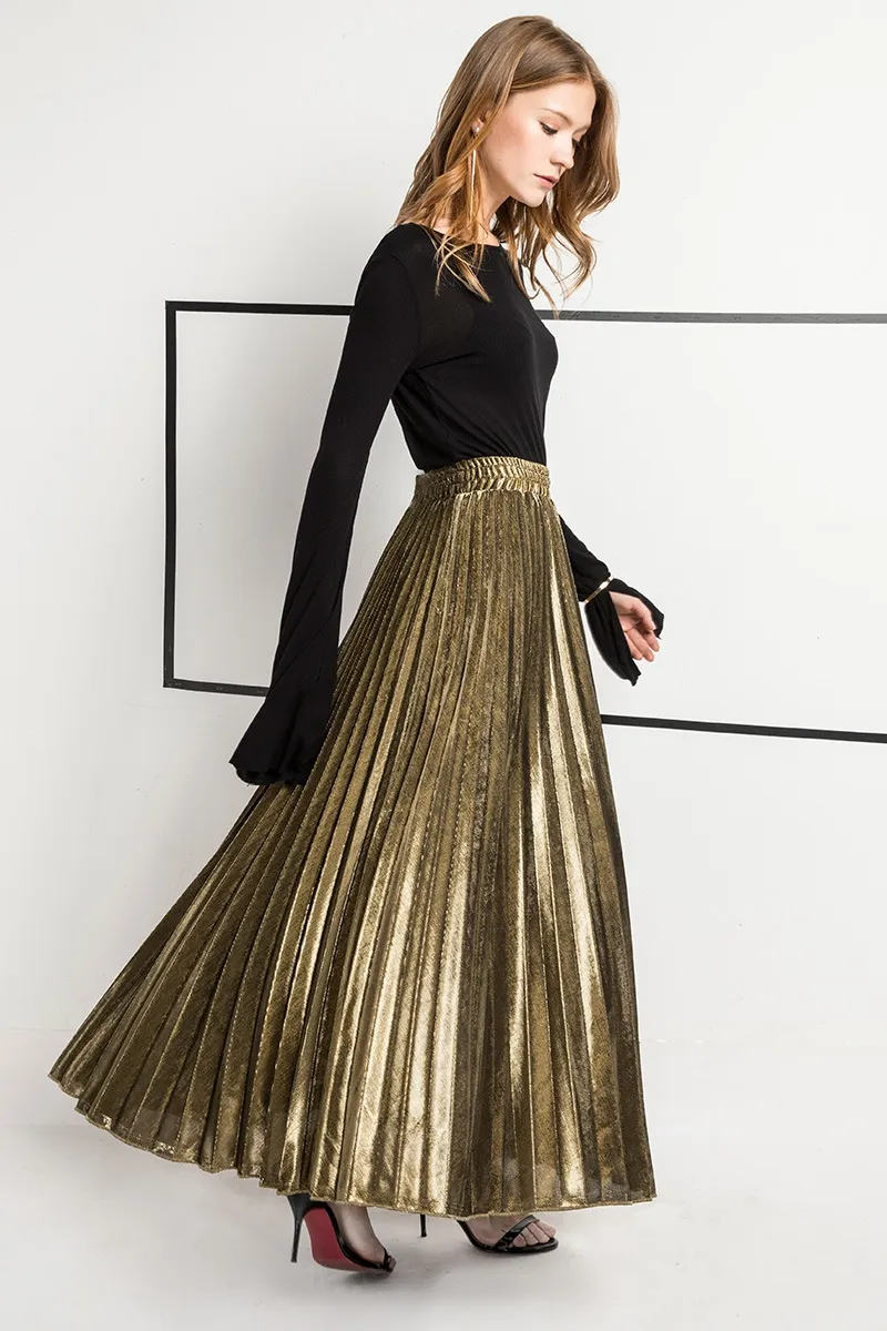 2018 Femmes Maxi Long Jupe Dorée Élégante Jupes Plissées Femmes Vintage
