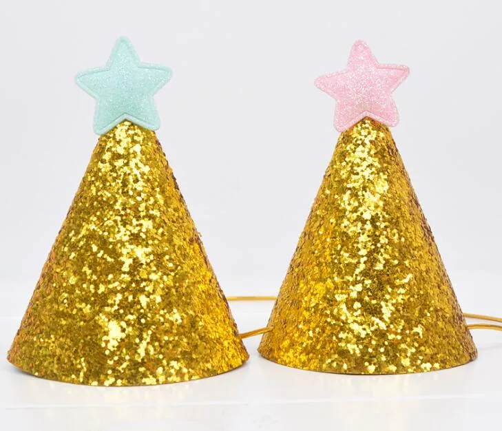 Chapéu de aniversário de glitter dourado com festa de estrela decoração de festa de bebê faixa de fita adereços decoração de festa de crianças