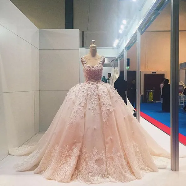 2019 robes de mariée robe de bal de luxe blush pure cou sans manches en dentelle appliques fleurs 3d couleurs personnalisées robes de mariée gonflées avec train