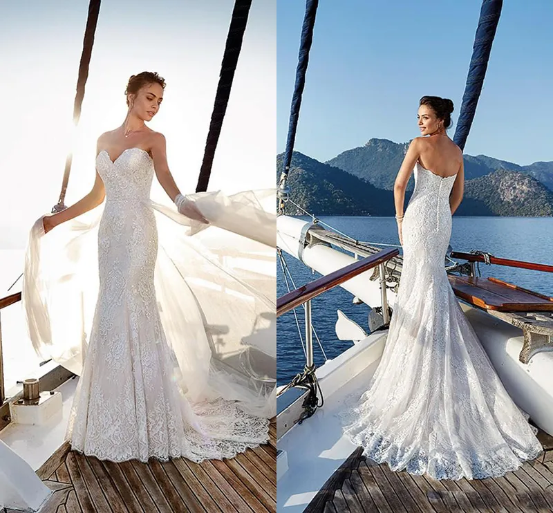 2018 Beach Mermaid Bröllopsklänningar Avtagbar Tåg Sweetheart Lace Backless Bridal Gown Wedding Dress Boho Vestidos de Novia