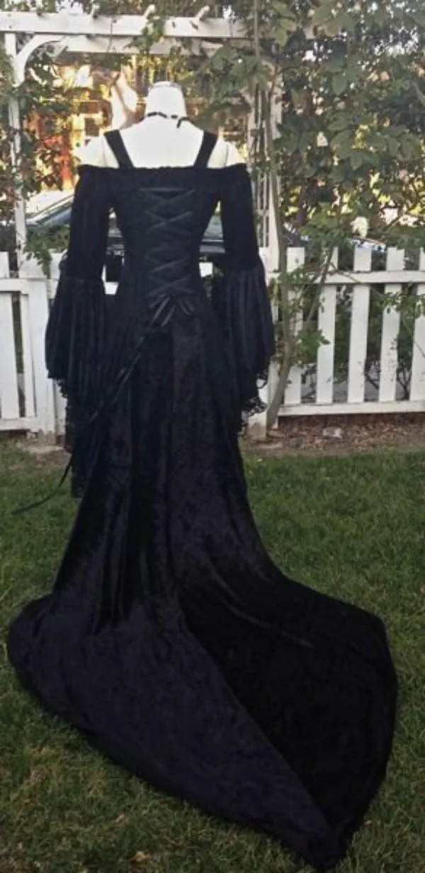 Винтажные черные готические свадебные платья линия средневековые от плечевых ремней с длинными рукавами корсетные свадебные платья с придворным поездом на заказ