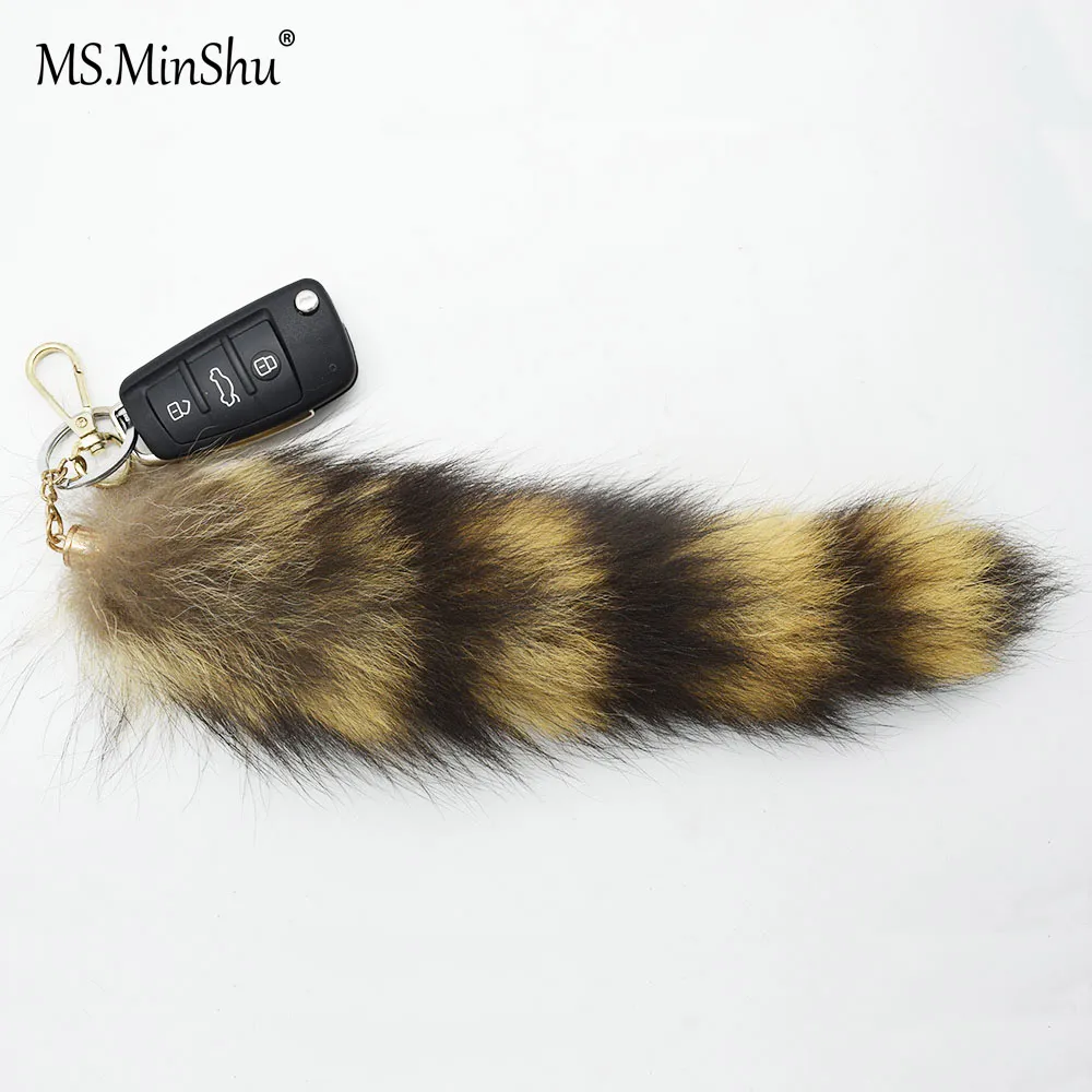 Natural Raccoon Fur Tail Keychain America Raccoon Fur Tail Natural Color Fullly Pompom Keychain Bag Charm Fox Fur Tail charm