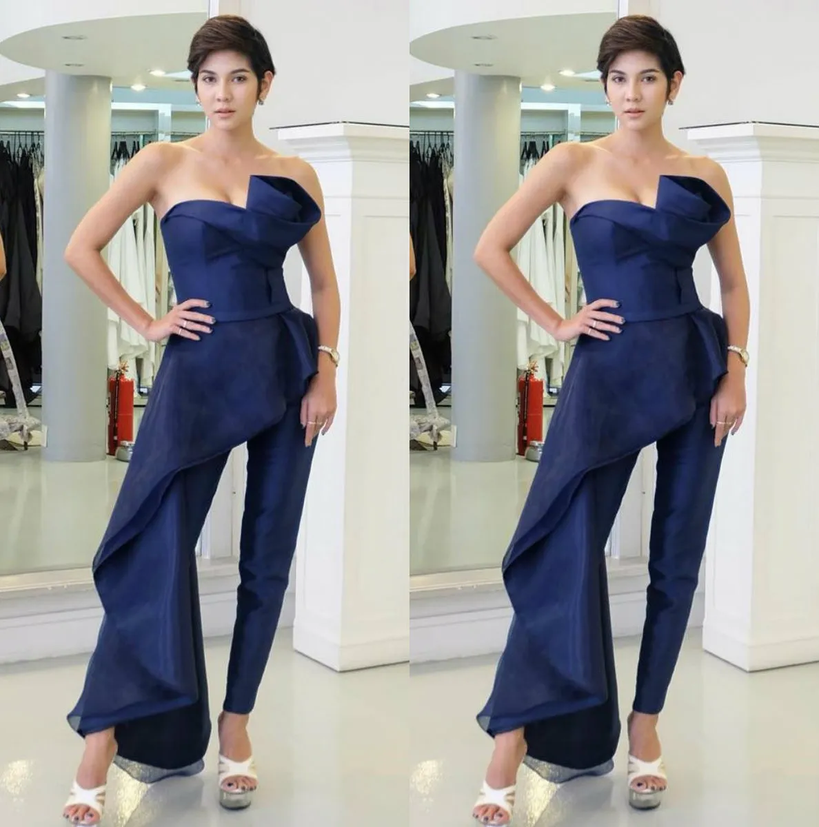 Fashion Royal Blue Pantsuit Prom Dresses Strapless With Overskirt Evening Gowns Vestidos De Fiesta Organza Party Cocktail Dress252d