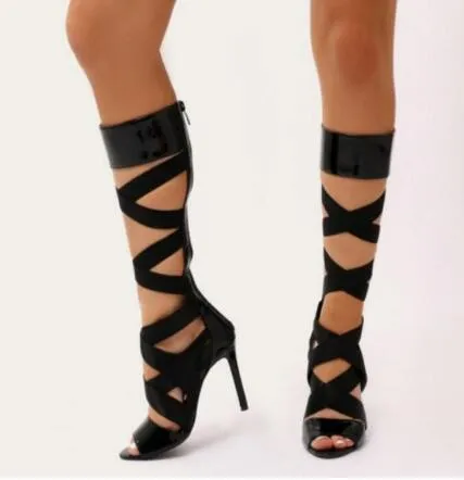 2018 moda donna stivali alti al ginocchio tacco sottile taglia fuori stivali di pelle scarpe da festa donna zip up stivali gladiatore stivaletti tacco alto