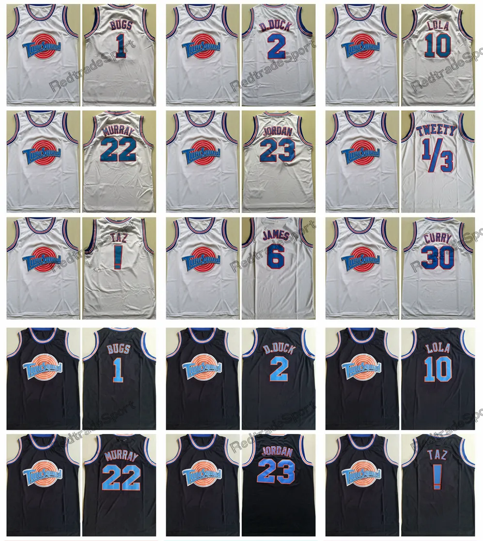 Mi08 Heren Tune Squad Looney Space Jam basketbalshirts 22 Murray 1 Bugs! TAZ 10 Lola 2 D.DUCK 23 Michael 1/3 Tweety 6 James 30 Curry wit gestikte overhemden S-XXL