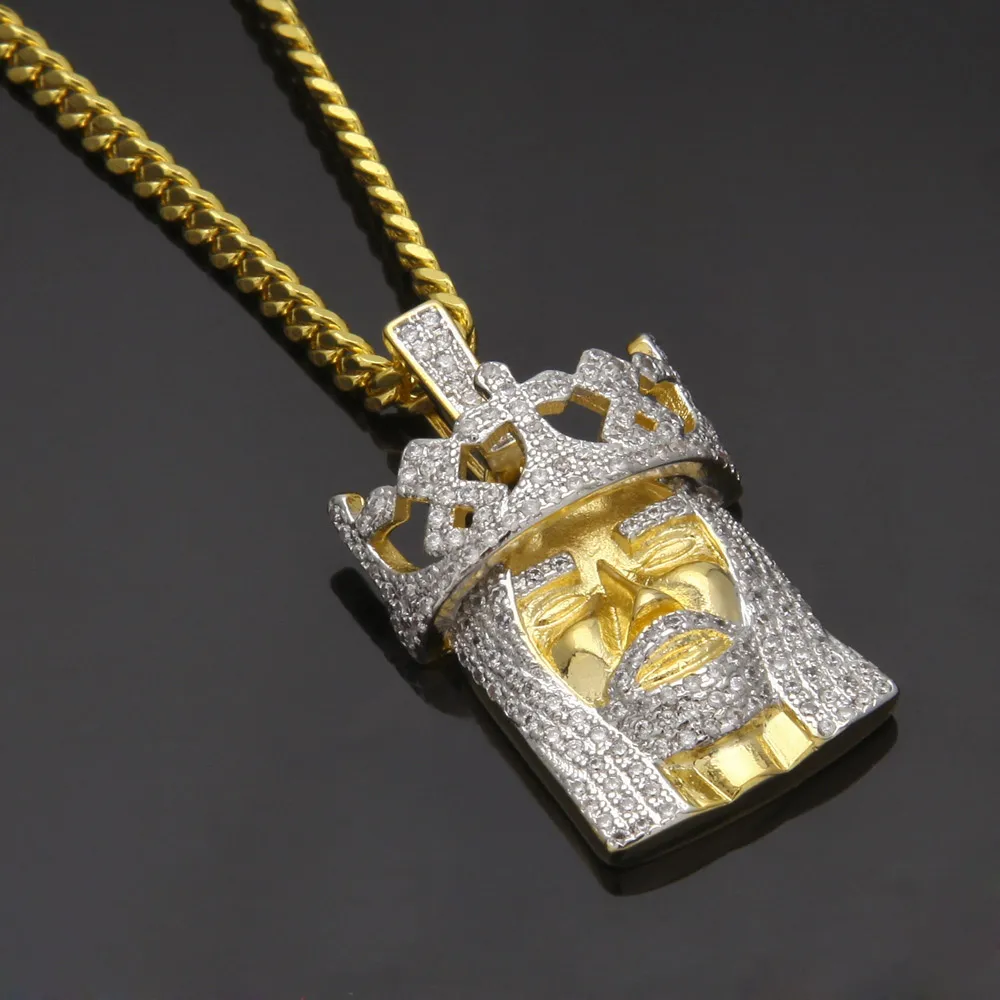 Nyaste Style Toppkvalitet Koppar Micro-Inserts Cubic Zirconia Crown King Pendant Halsband Kubansk kedja för Hip Hop Rapper Tillbehör