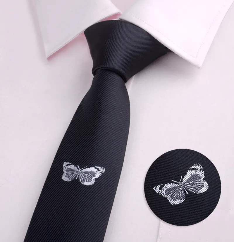 Mode Mens Classical Cartoon Animal Bee Butterfly Beard Broom Skinny Polyester Neck Bands broderi Black Casual Tie214b