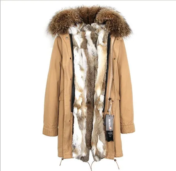 Jazzevar brown raccoon fur female snow coats popular brown white rabbit fur lining khaki long parkas