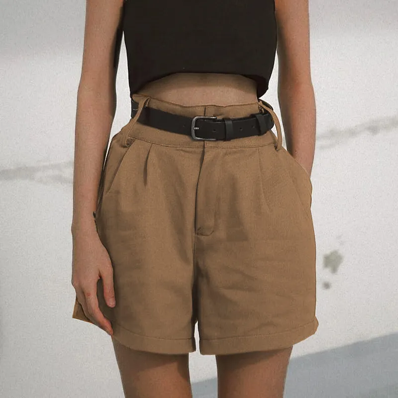 Khaki hög midja dragkedja flyga shorts eleganta casual lösa kvinnor shorts sommar bomull damer kort byxor med fickor bottnar