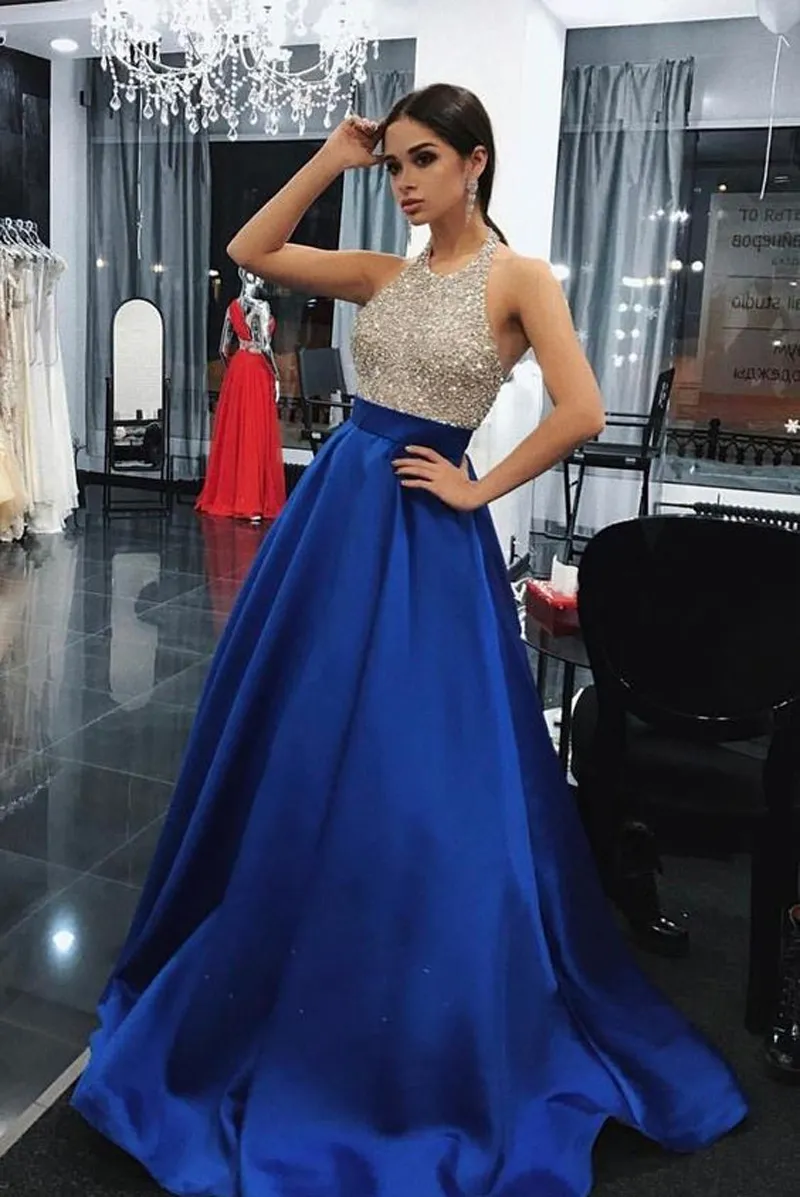 Zroszony Kryształowy Top Halter Backless Elegancka sukienka Rękawów Bez Rękawów Długa Linia Prom Dresses Vestidos de Fiesta