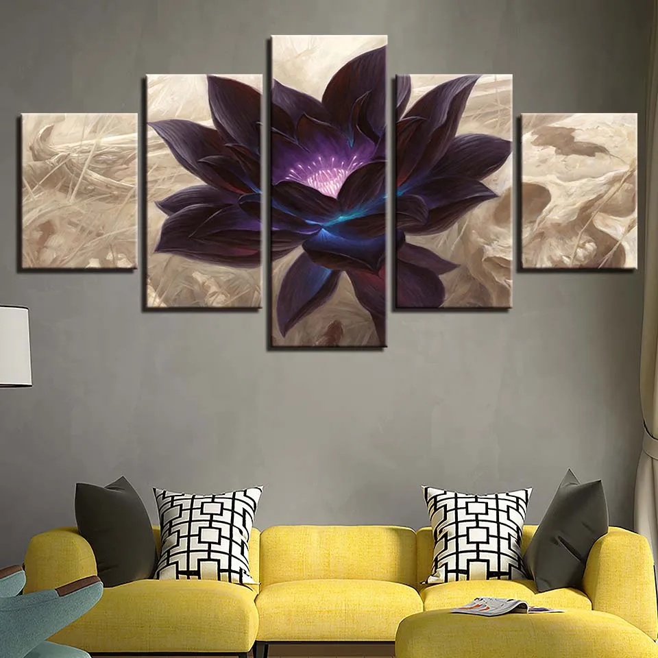 Moderne Toile HD Imprimé Affiche Cadre Bebroom Décor 5 Pièces Noir Lotus Peintures Modulaire Mur Art Abstrait Fleur Pictures2405387