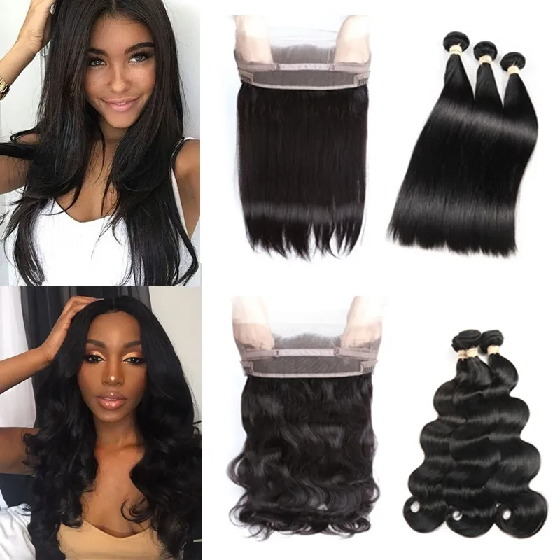 Brazilian Virgn Human Hair Bundles with Closure Pre Plucked 360 Lace Frontal with Baby Hair Straight & Body Wave Brazilian Virgin Hair Wefts