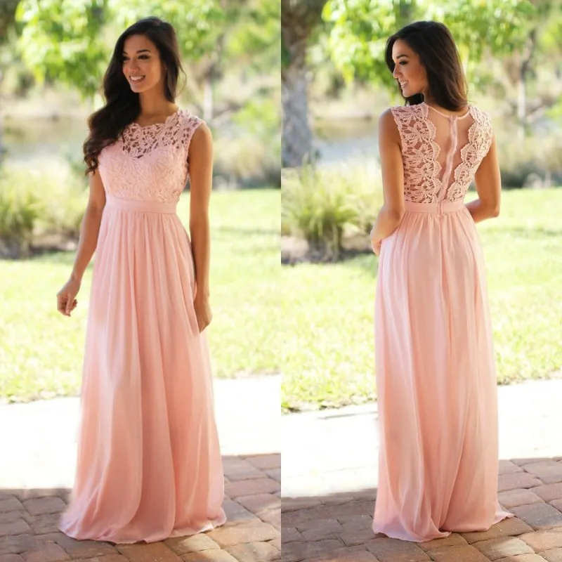 2019 Latest Country Bridesmaid Dresses Long Jewel Neck A Line Blush Pink Pretty Lace and Chiffon Elegant Maid of Honor Dresses Formal Gowns