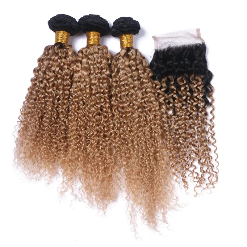 Kinky Curly 1B / 27 Mel Loira Ombre Cabelo Humano 3 Pacotes com 4x4 Lace Closure Light Brown Ombre Malaio Virgem Tecer Cabelo Humano