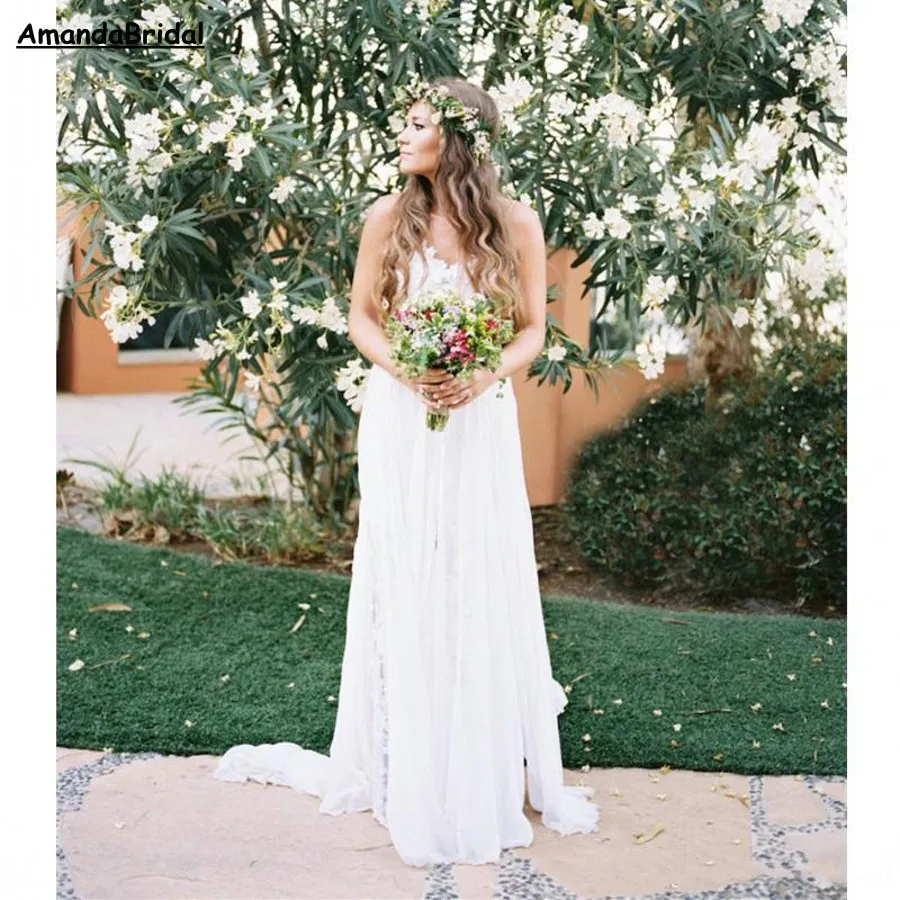 Amandabridal Backless Country Beach Wedding Dress Tiered Skirt