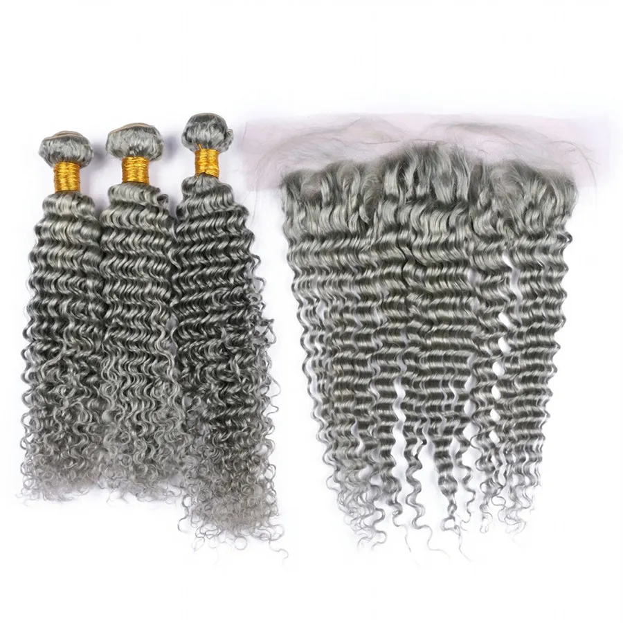 Gray 8a peruwiańskie dziewicze włosy Sliver Grey Deep Wave kręcone włosy falowe z 134 koronkowym zamknięciem czołowym Untameny ludzkie włosy Bundl9957494