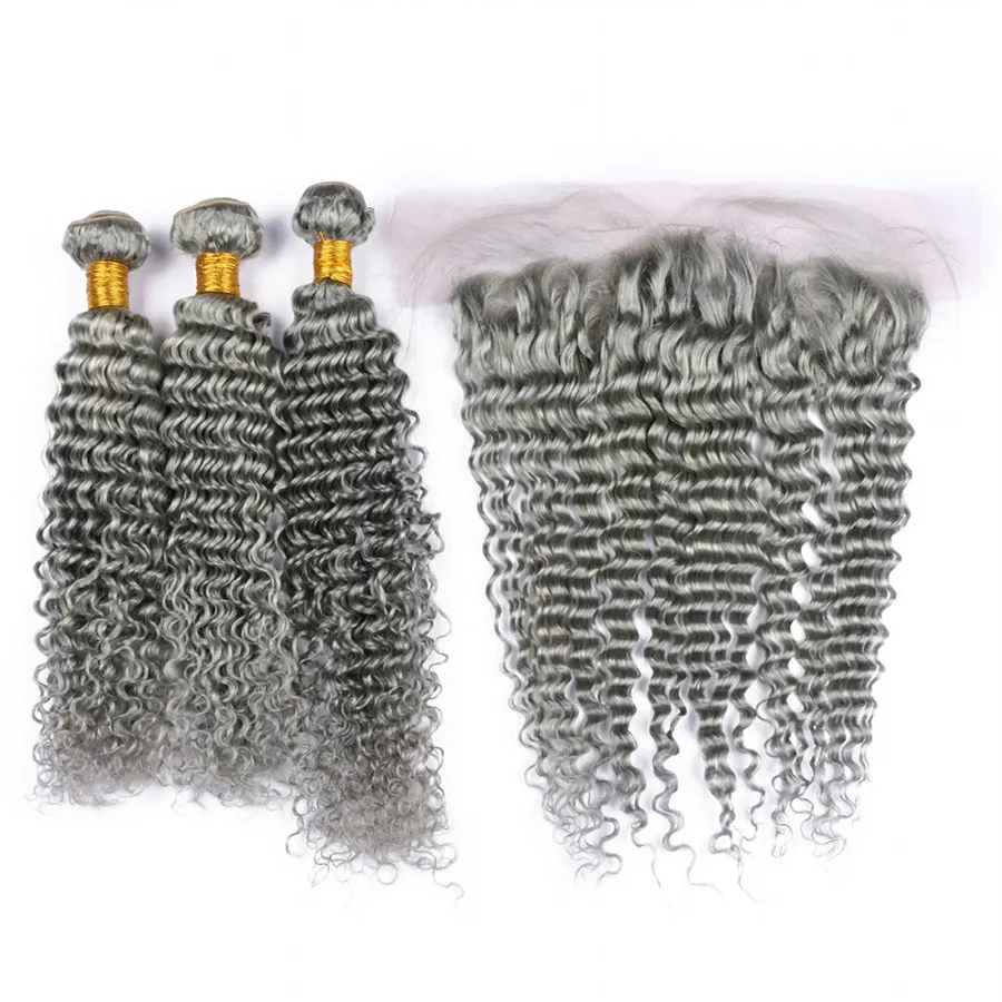 Gris 8A Péruvien Vierge Cheveux Sliver Gris Vague Profonde Bouclés Armure De Cheveux Ondulés Avec 134 Dentelle Frontale Fermeture Non Transformé Cheveux Humains Bundl4244502