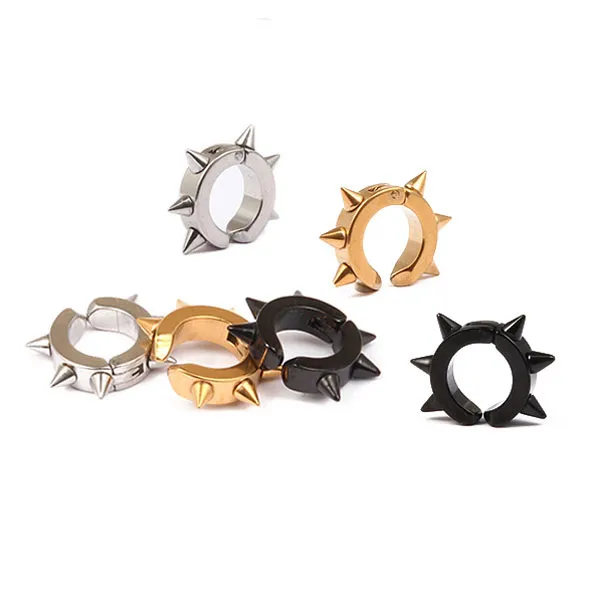 Clip sans trou sur les boucles d'oreilles en acier inoxydable Spike Thorn Hoop Anneaux d'oreille Hip Hop Bijoux de mode pour femmes hommes or noir et sable